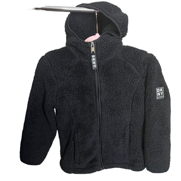 DKNY Sport Faux Fur teddy fleece jacket zip up hoodie black Small - Picture 3 of 8